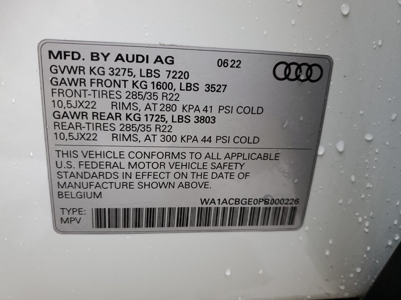 2023 AUDI E-TRON S PREMIUM PLUS VIN:WA1ACBGE0PB000226