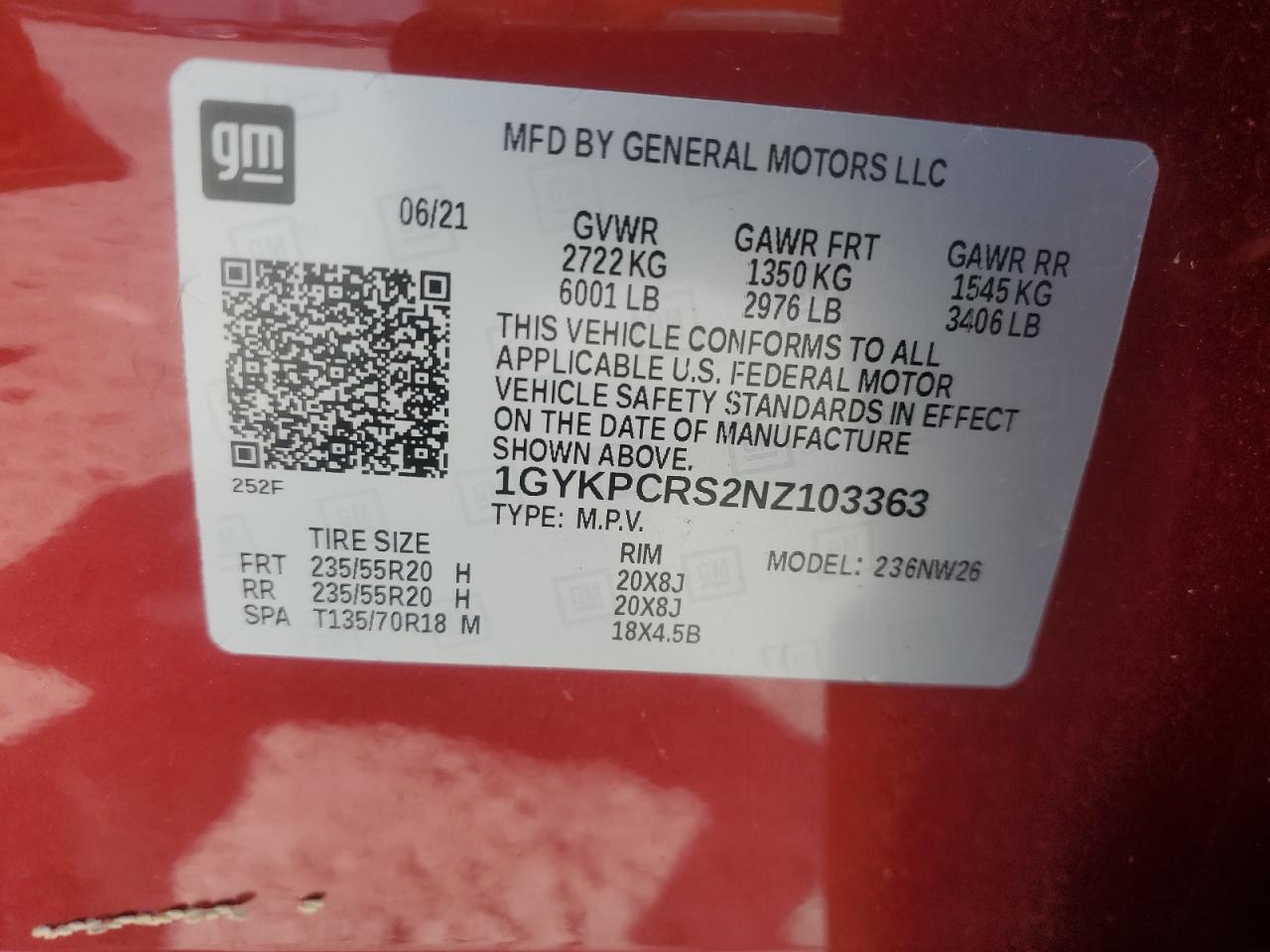 2022 CADILLAC XT6 PREMIUM LUXURY VIN:1GYKPCRS2NZ103363