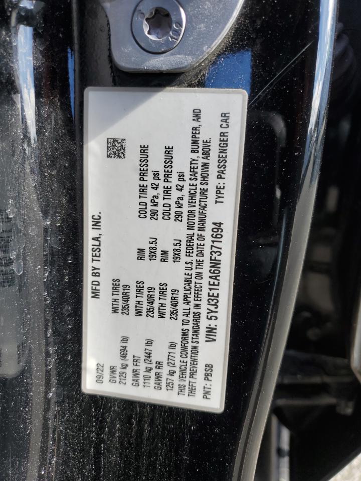 2022 TESLA MODEL 3 VIN:5YJ3E1EA6NF371694