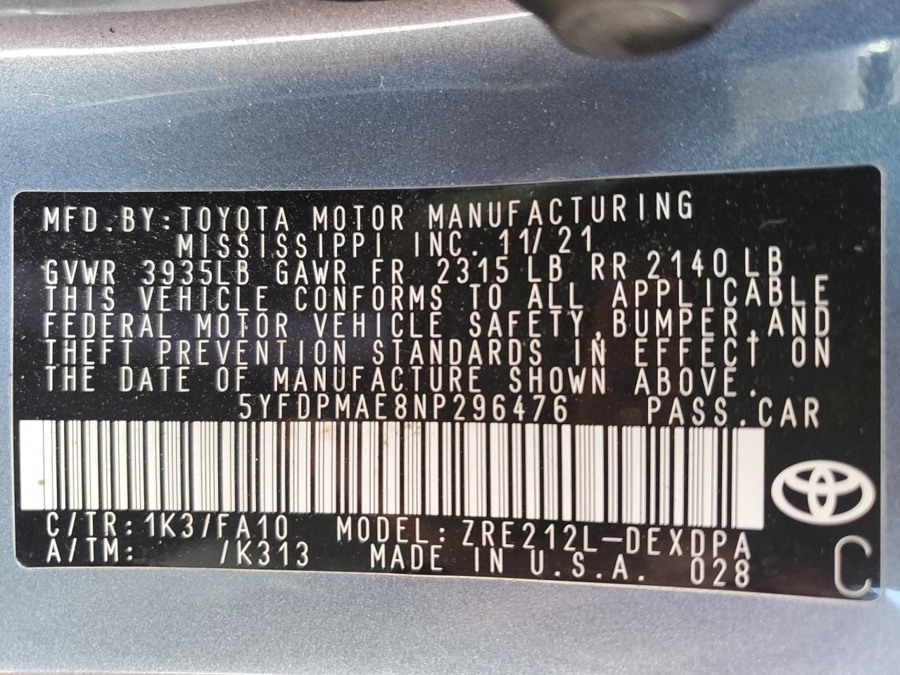 2022 TOYOTA COROLLA L VIN:5YFDPMAE8NP296476