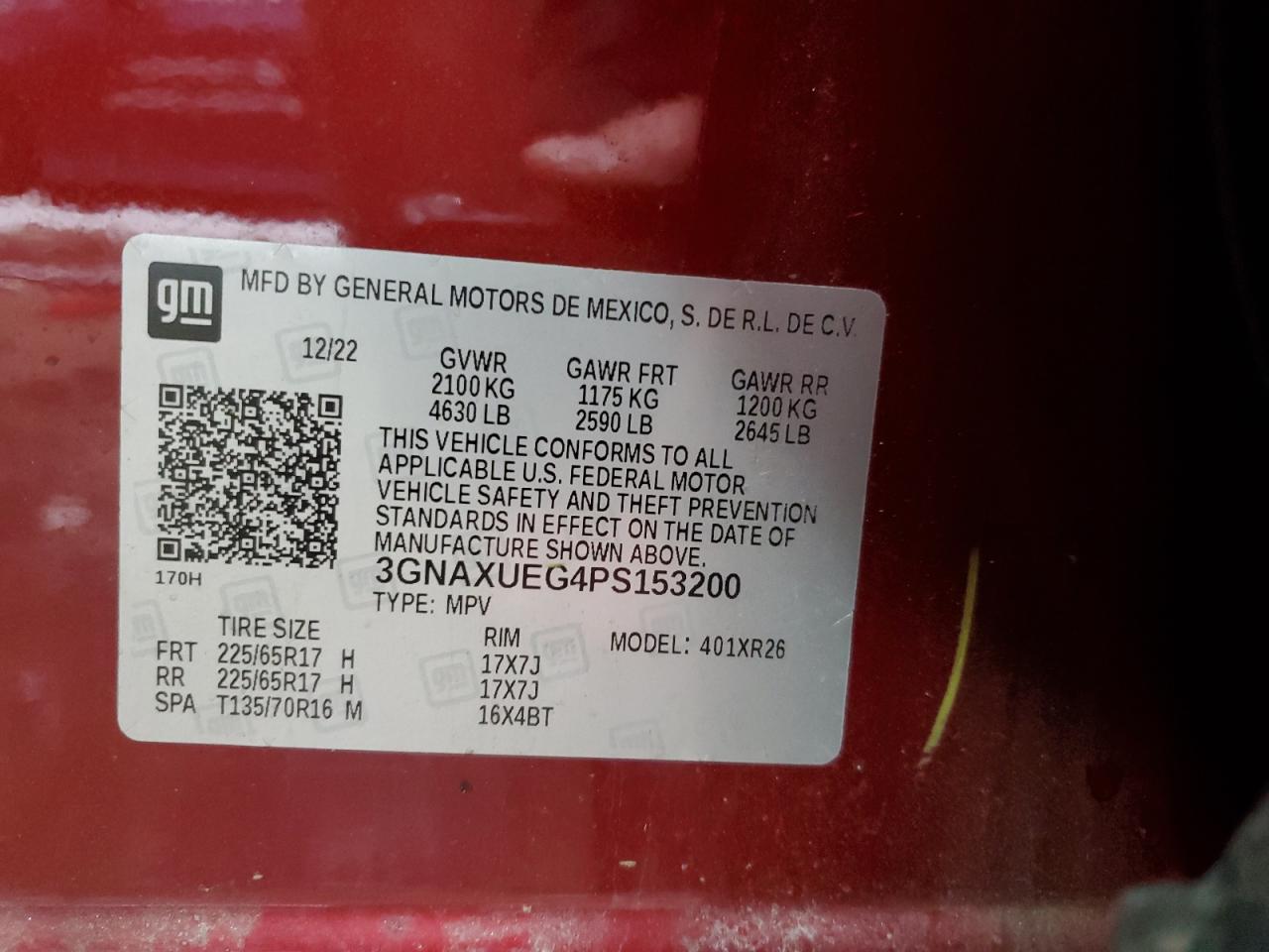 2023 CHEVROLET EQUINOX LT VIN:3GNAXUEG4PS153200