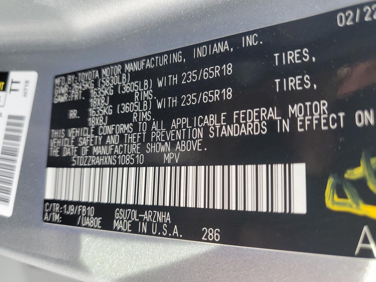 2022 TOYOTA HIGHLANDER L VIN:5TDZZRAHXNS108510