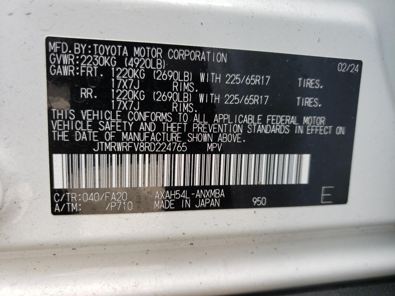 2024 TOYOTA RAV4 XLE VIN:JTMRWRFV8RD224765