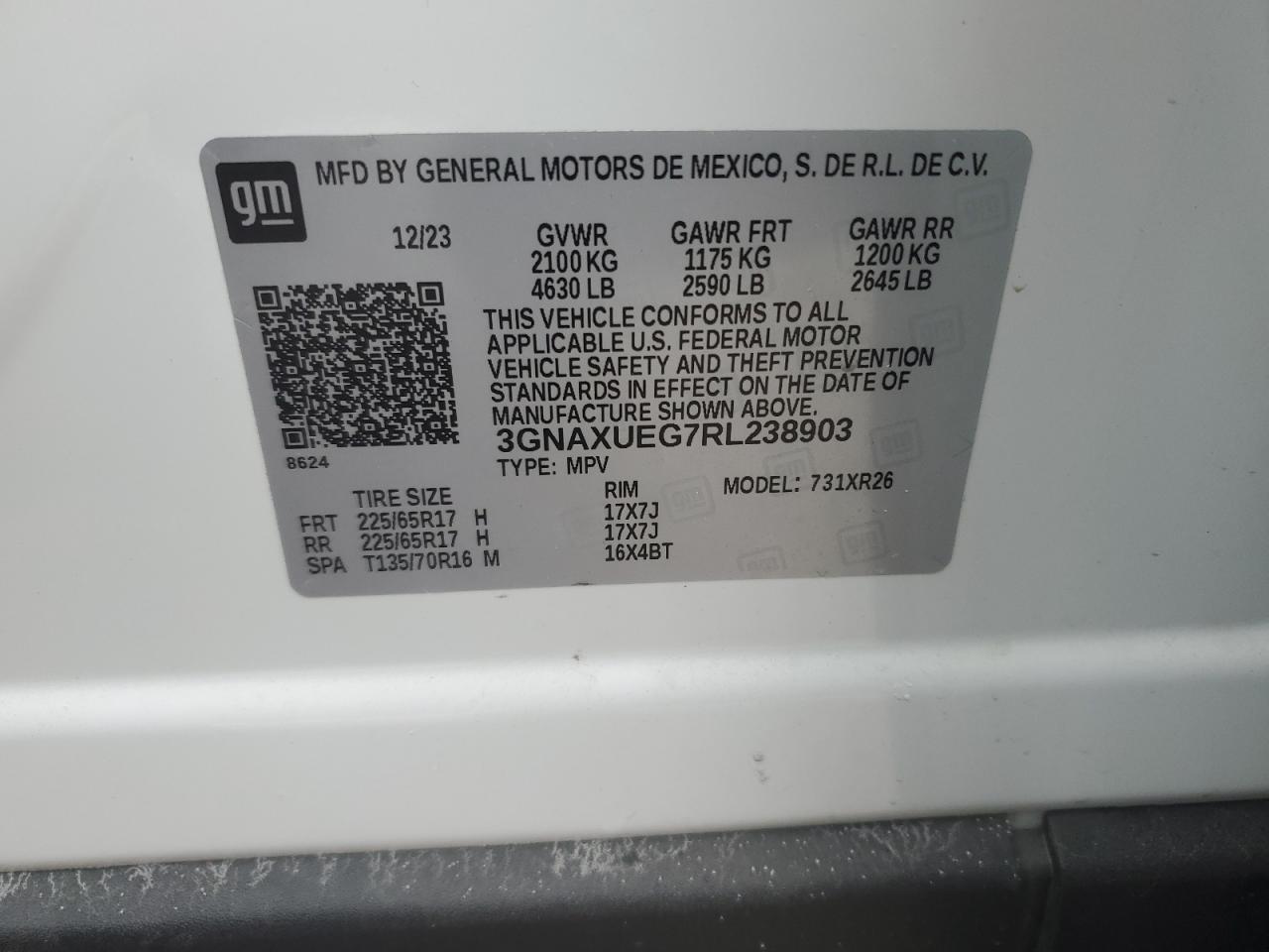 2024 CHEVROLET EQUINOX LT VIN:3GNAXUEG7RL238903