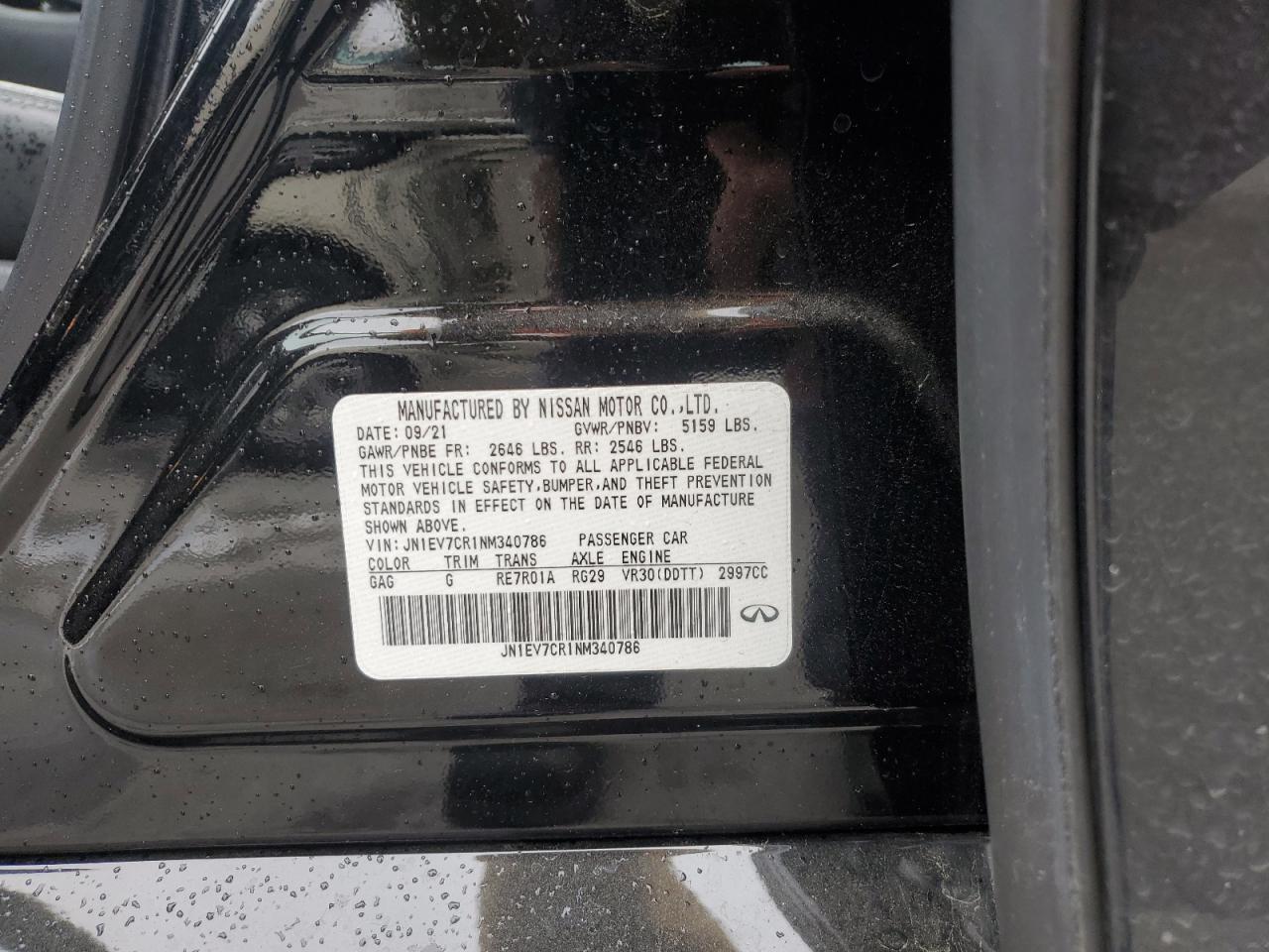 2022 INFINITI Q50 SENSORY VIN:JN1EV7CR1NM340786