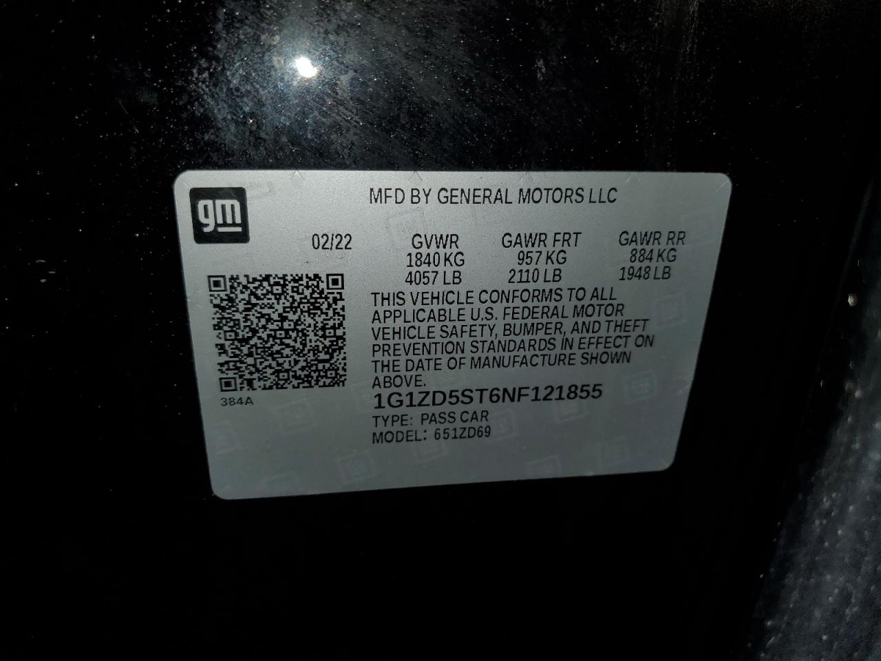 2022 CHEVROLET MALIBU LT VIN:1G1ZD5ST6NF121855