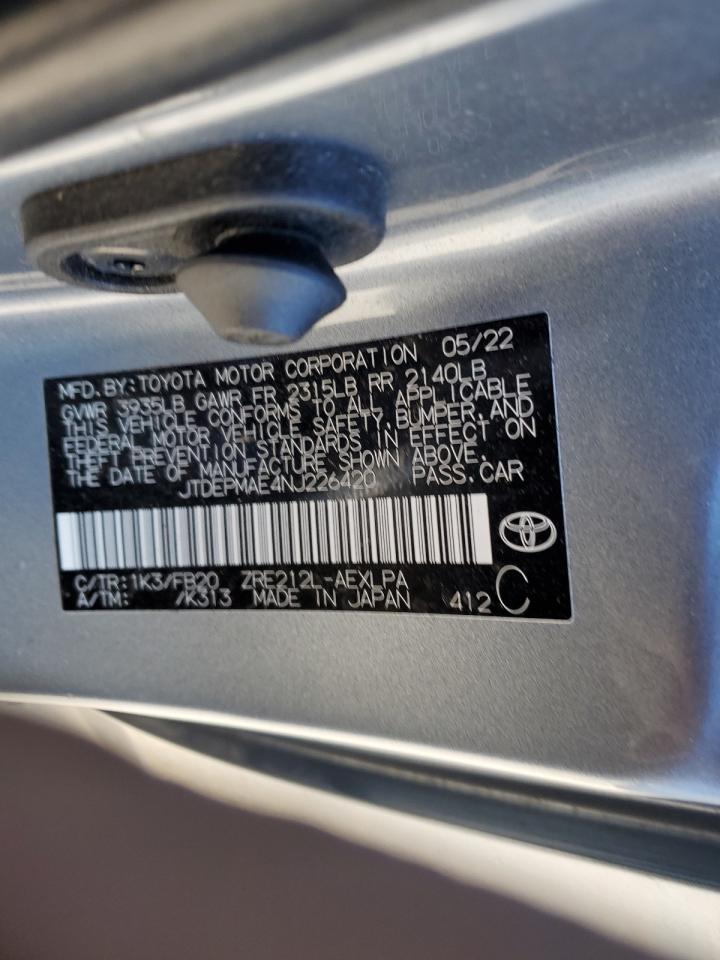 2022 TOYOTA COROLLA LE VIN:JTDEPMAE4NJ226420