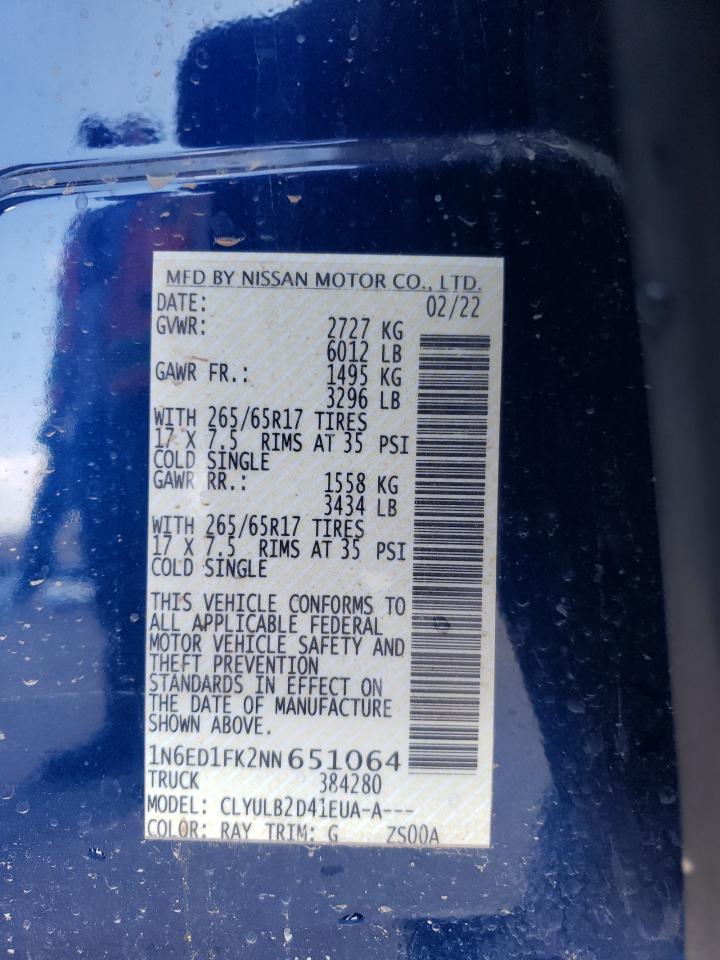 2022 NISSAN FRONTIER SV VIN:1N6ED1FK2NN651064