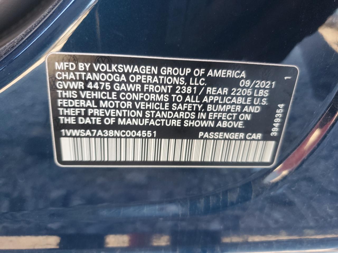 2022 VOLKSWAGEN PASSAT SE VIN:1VWSA7A38NC004551