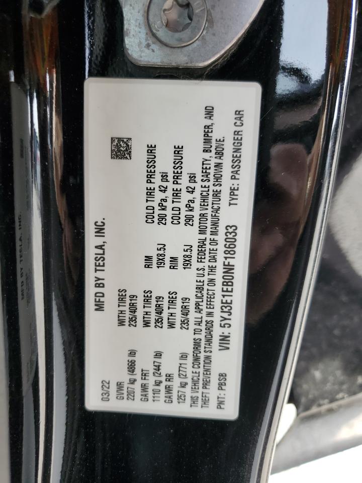2022 TESLA MODEL 3 VIN:5YJ3E1EB0NF186033