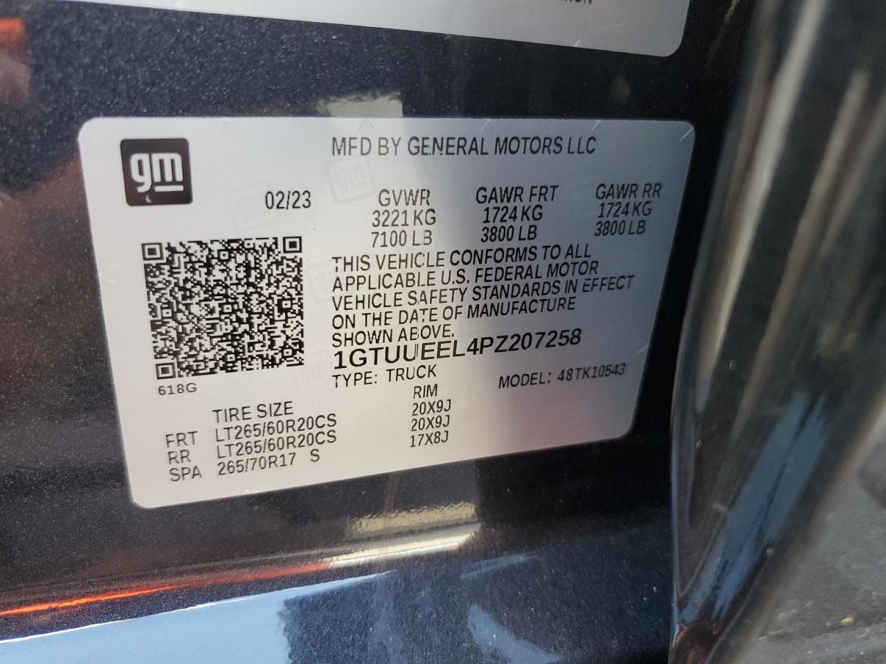 2023 GMC SIERRA K1500 AT4 VIN:1GTUUEEL4PZ207258