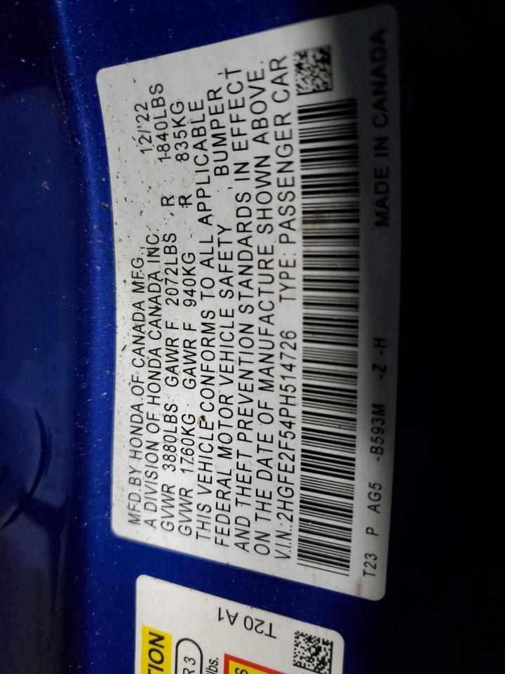 2023 HONDA CIVIC SPORT VIN:2HGFE2F54PH514726