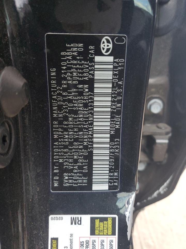 2022 TOYOTA COROLLA LE VIN:5YFEPMAE1NP313137