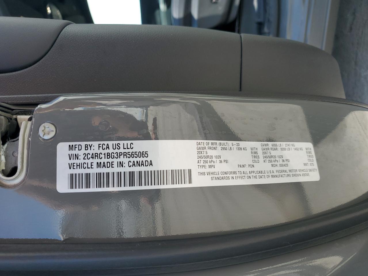 2023 CHRYSLER PACIFICA TOURING L VIN:2C4RC1BG3PR565065