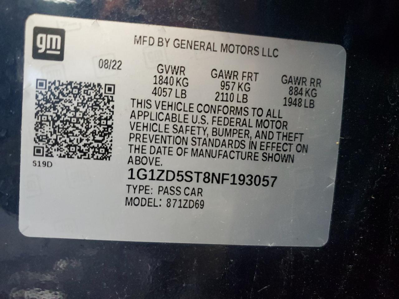 2022 CHEVROLET MALIBU LT VIN:1G1ZD5ST8NF193057