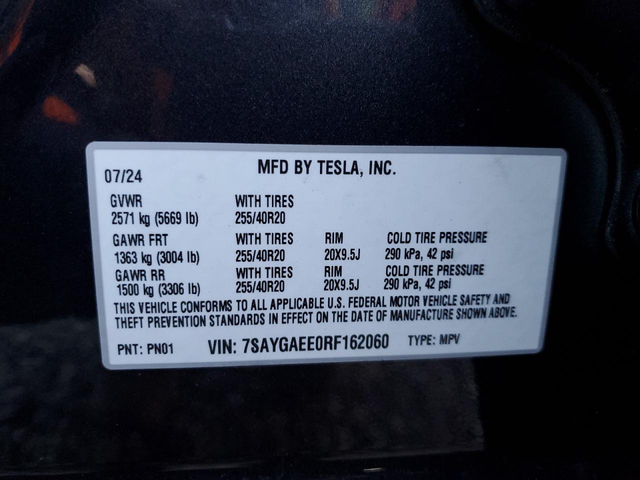 2024 TESLA MODEL Y VIN:7SAYGAEE0RF162060
