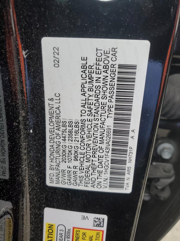 2022 HONDA ACCORD SPORT SE VIN:1HGCV1F43NA026691