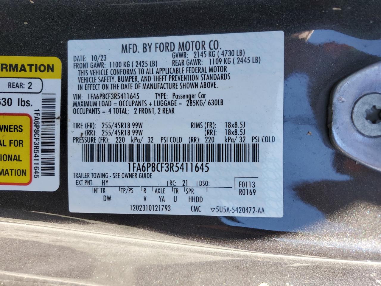 2024 FORD MUSTANG GT VIN:1FA6P8CF3R5411645