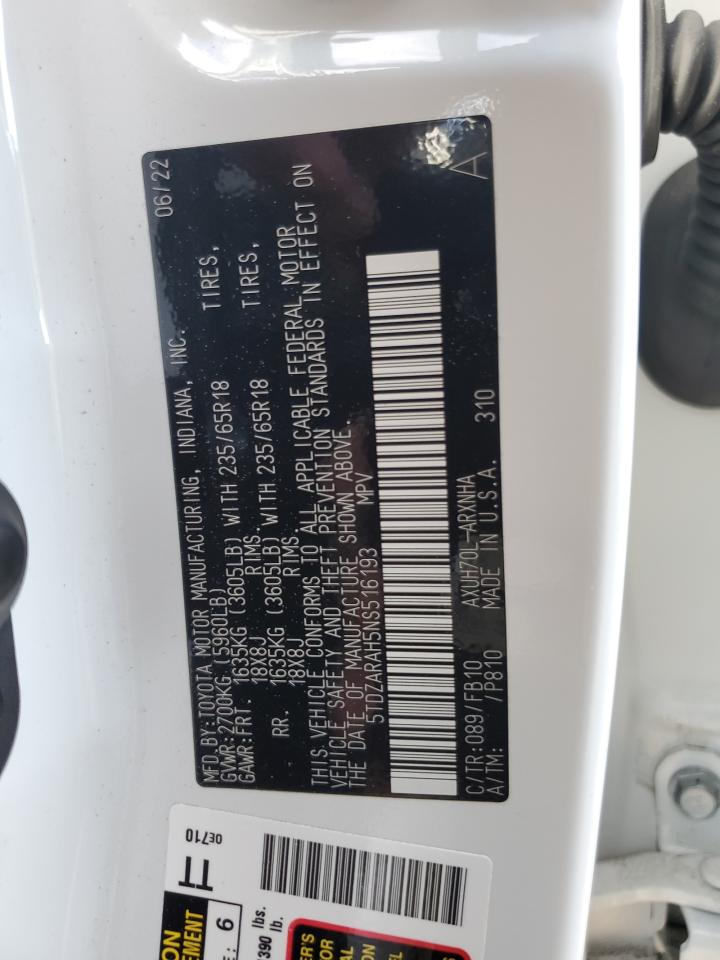 2022 TOYOTA HIGHLANDER HYBRID LE VIN:5TDZARAH5NS516193