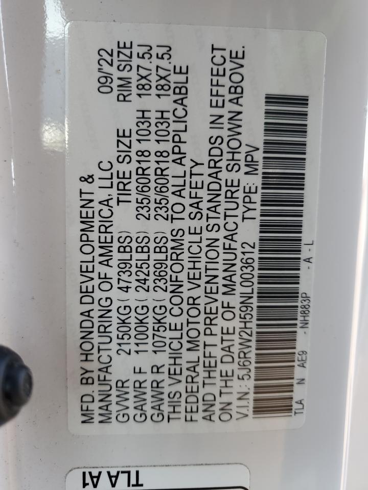 2022 HONDA CR-V EX VIN:5J6RW2H59NL003612
