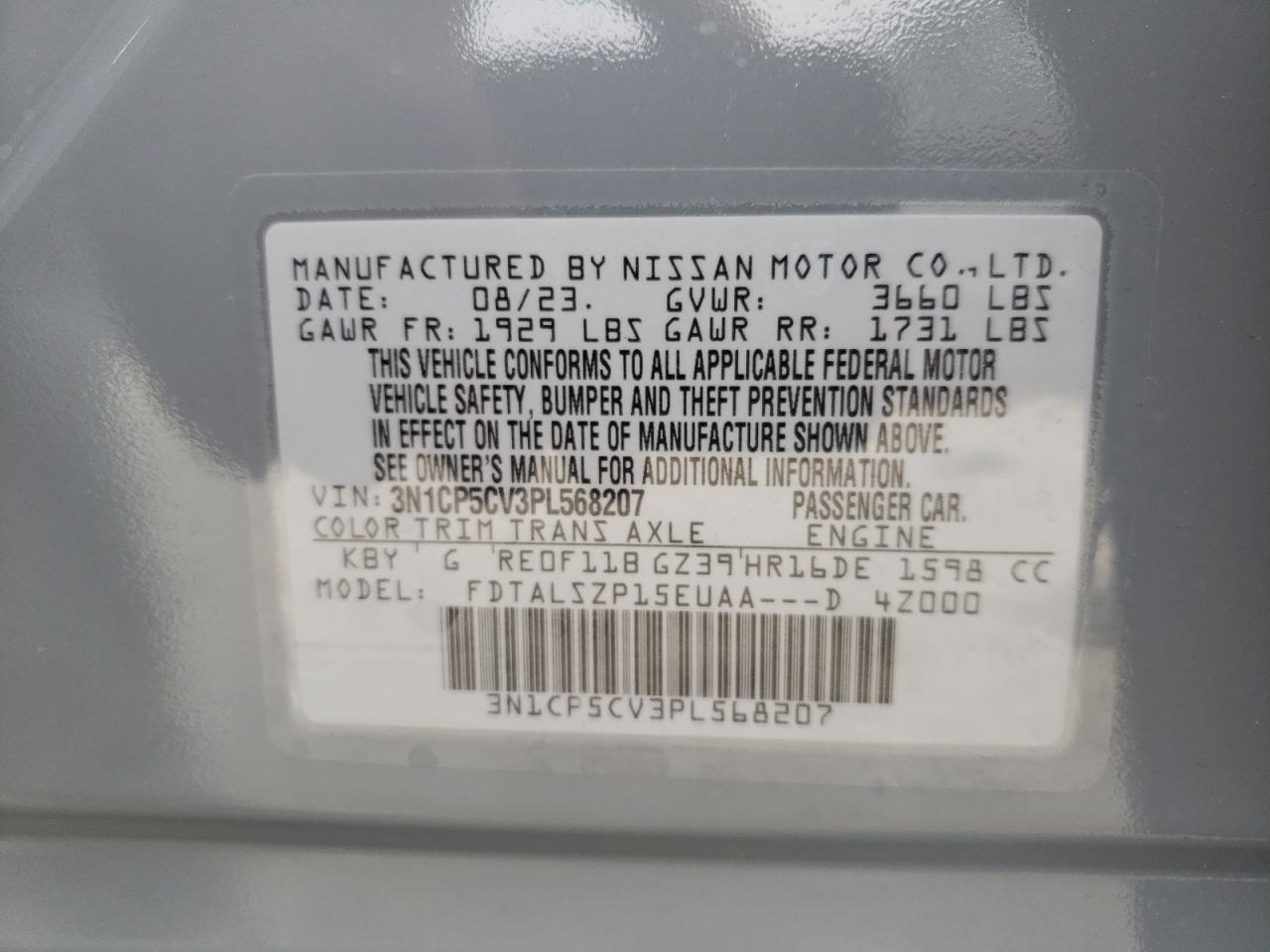 2023 NISSAN KICKS SV VIN:3N1CP5CV3PL568207