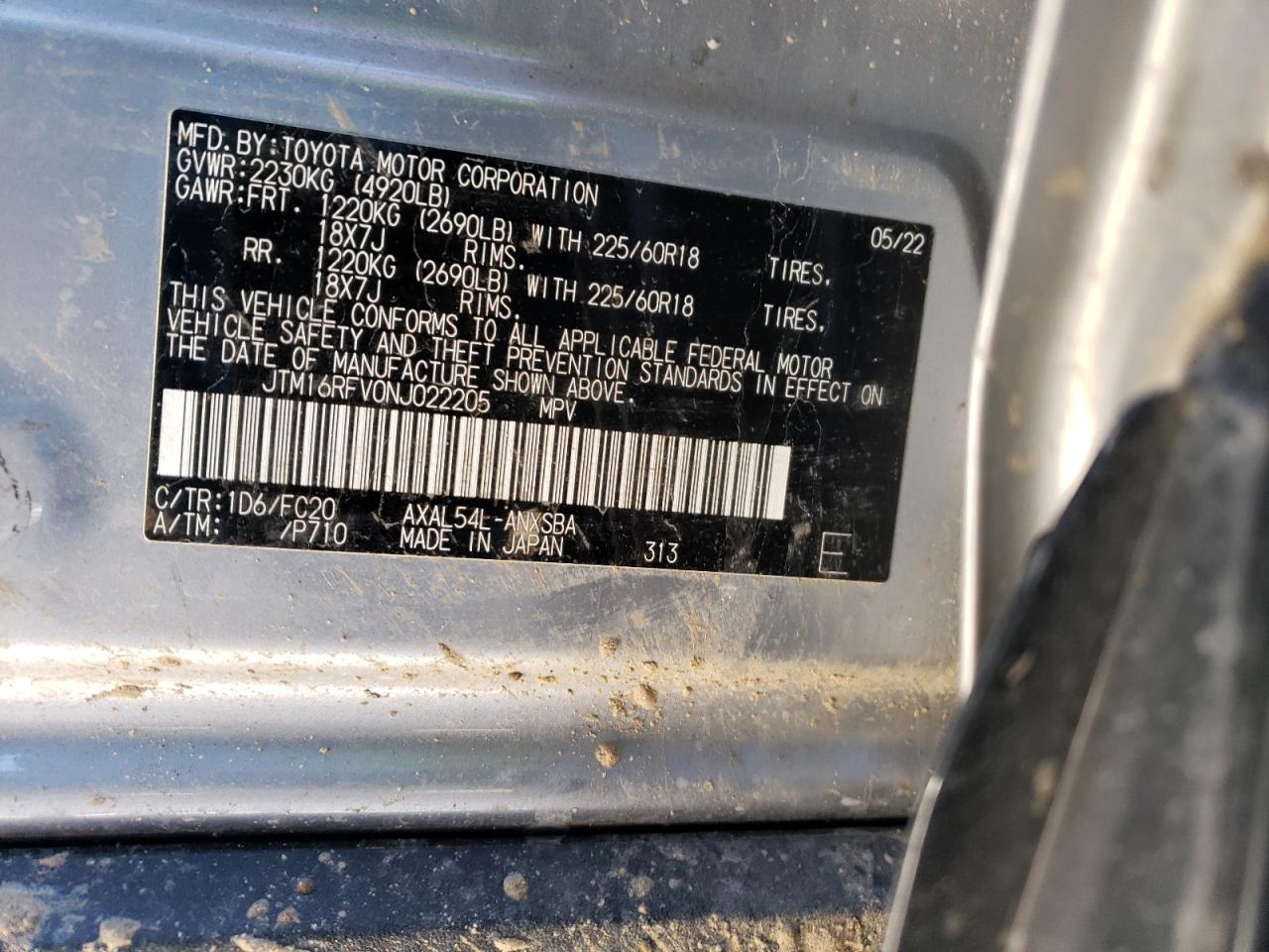 2022 TOYOTA RAV4 SE VIN:JTM16RFV0NJ022205