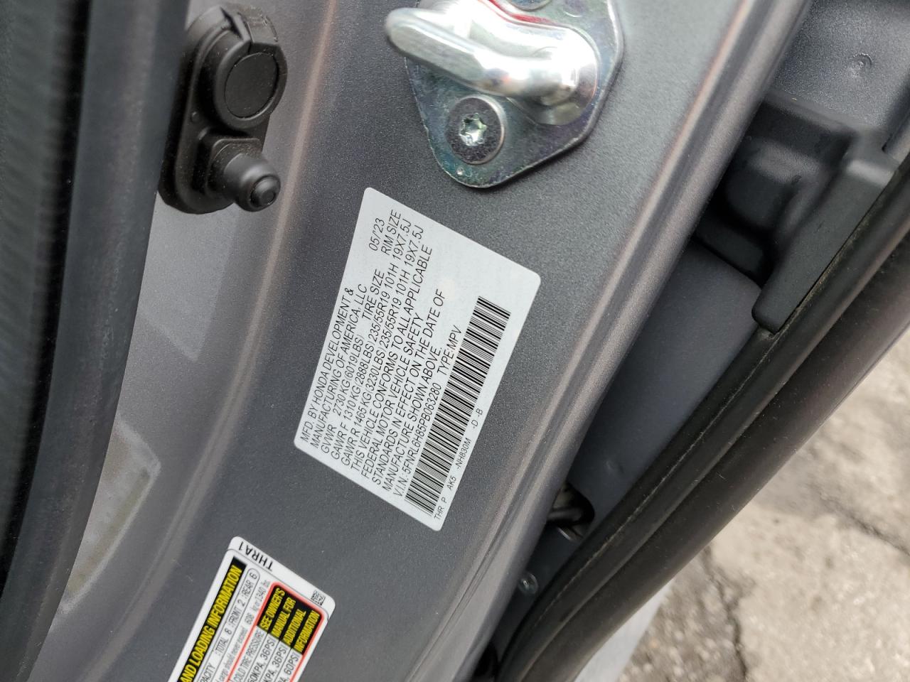 2023 HONDA ODYSSEY TOURING VIN:5FNRL6H85PB063280