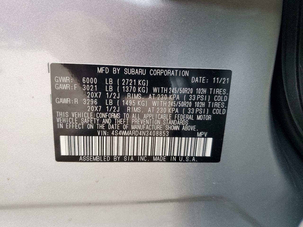 2022 SUBARU ASCENT TOURING VIN:4S4WMARD4N3408853