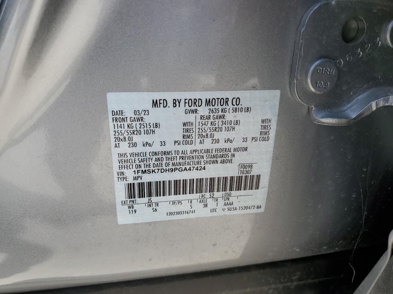 2023 FORD EXPLORER XLT VIN:1FMSK7DH9PGA47424