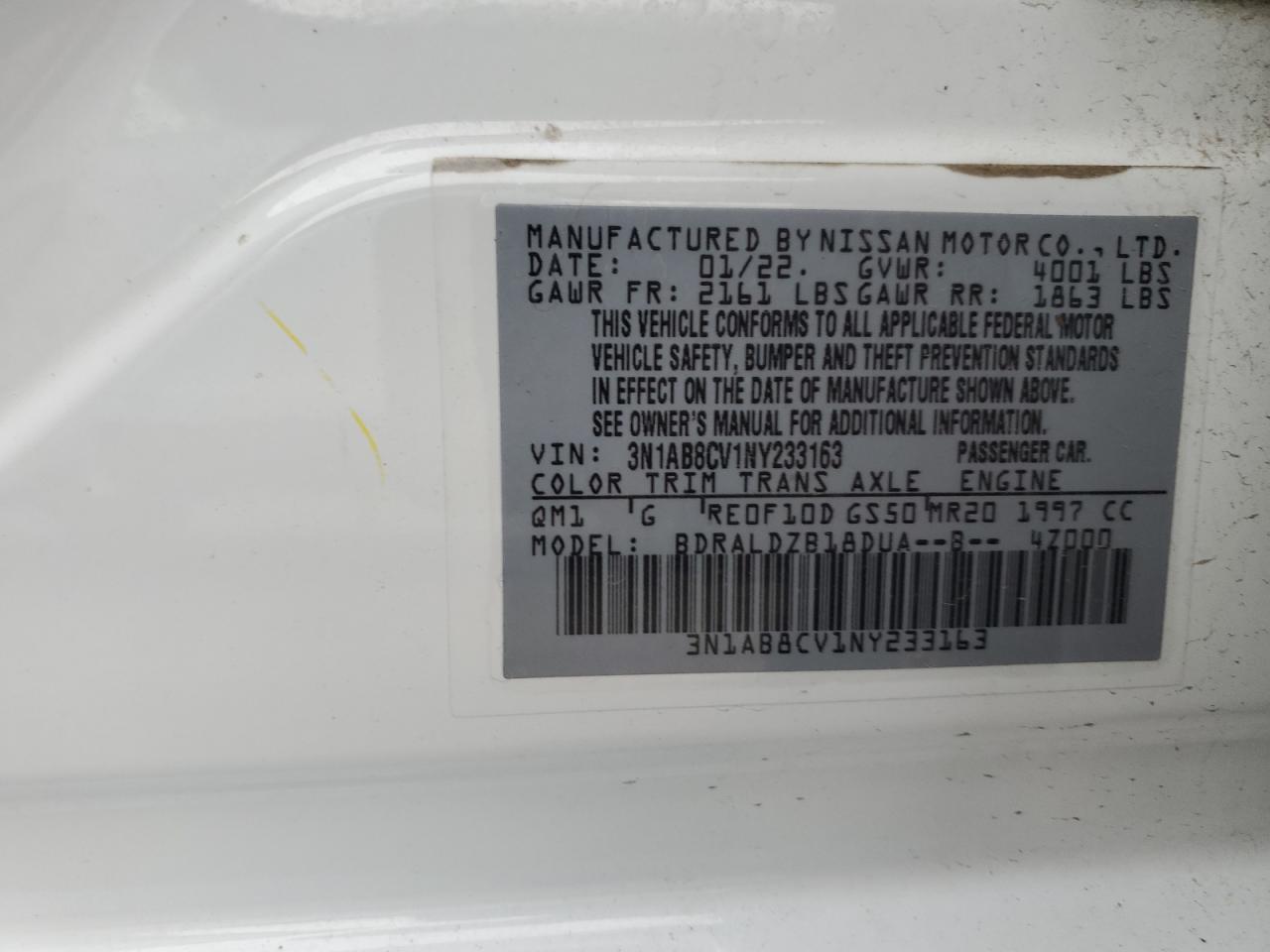 2022 NISSAN SENTRA SV VIN:3N1AB8CV1NY233163
