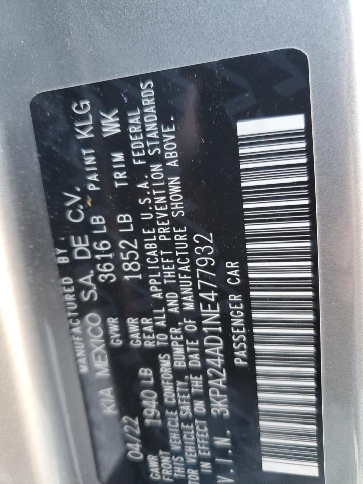 2022 KIA RIO LX VIN:3KPA24AD1NE477932