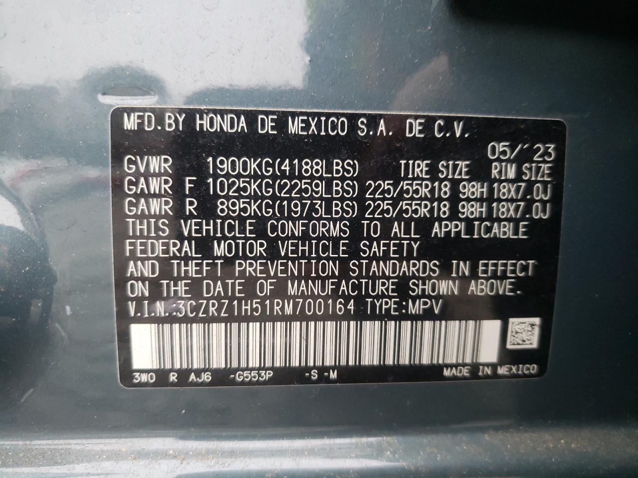 2024 HONDA HR-V SPORT VIN:3CZRZ1H51RM700164