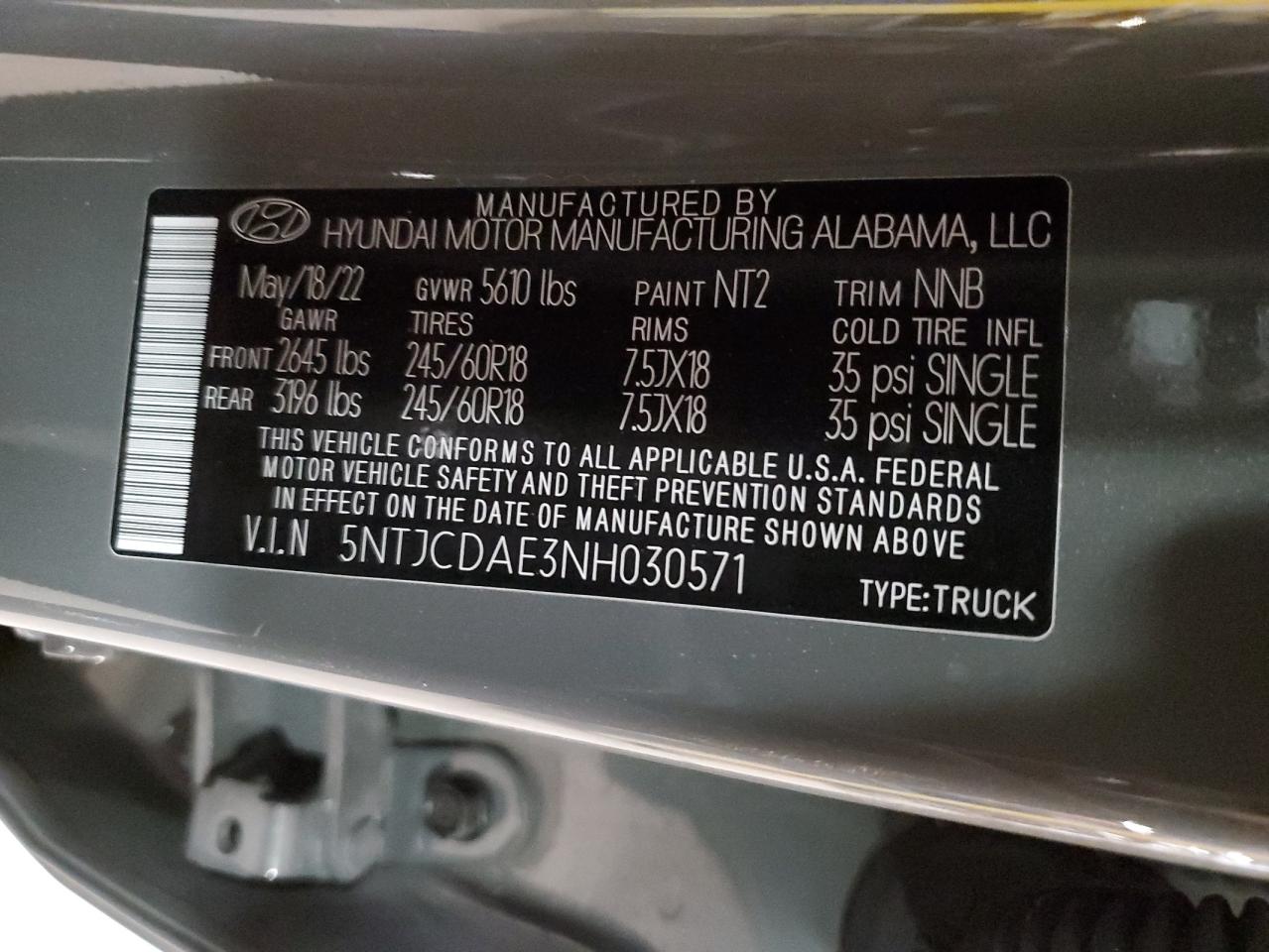 2022 HYUNDAI SANTA CRUZ SEL VIN:5NTJCDAE3NH030571