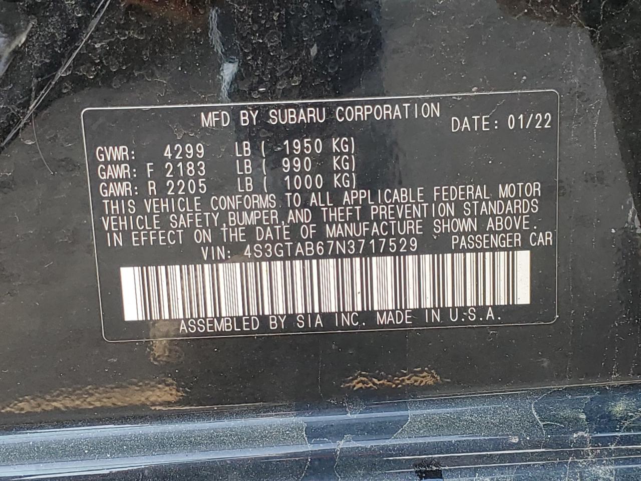 2022 SUBARU IMPREZA VIN:4S3GTAB67N3717529