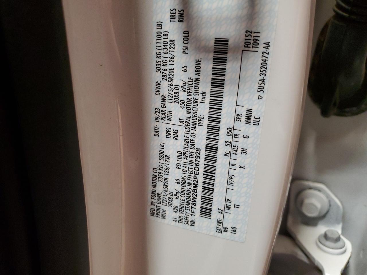 2023 FORD F250 SUPER DUTY VIN:1FT8W2BM2PED67928