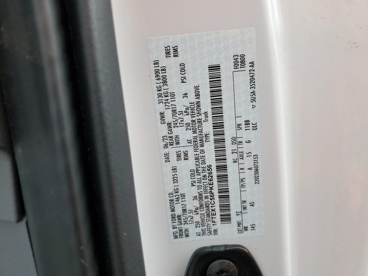 2023 FORD F150 SUPER CAB VIN:1FTEX1C56PKE62656