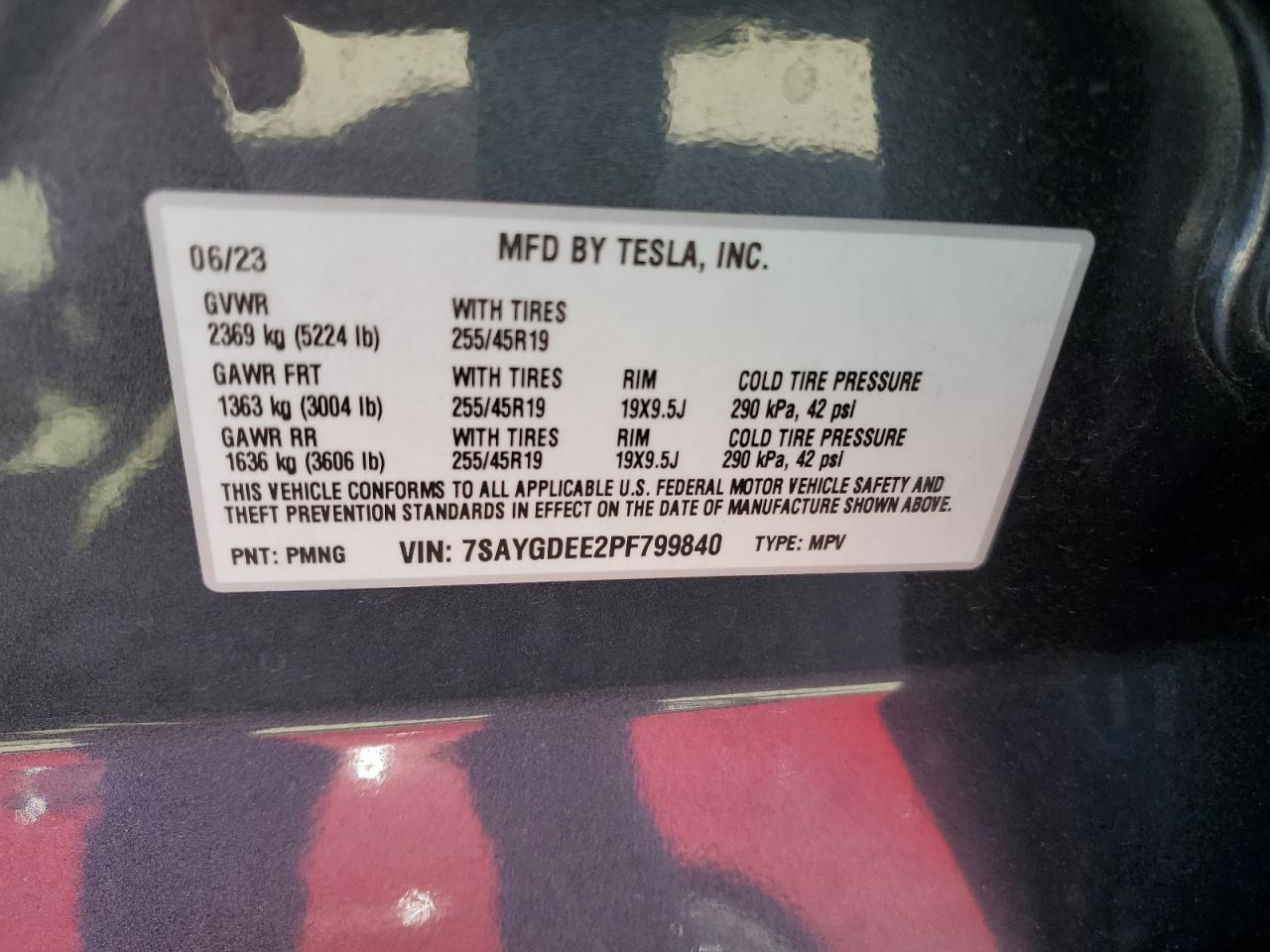 2023 TESLA MODEL Y VIN:7SAYGDEE2PF799840