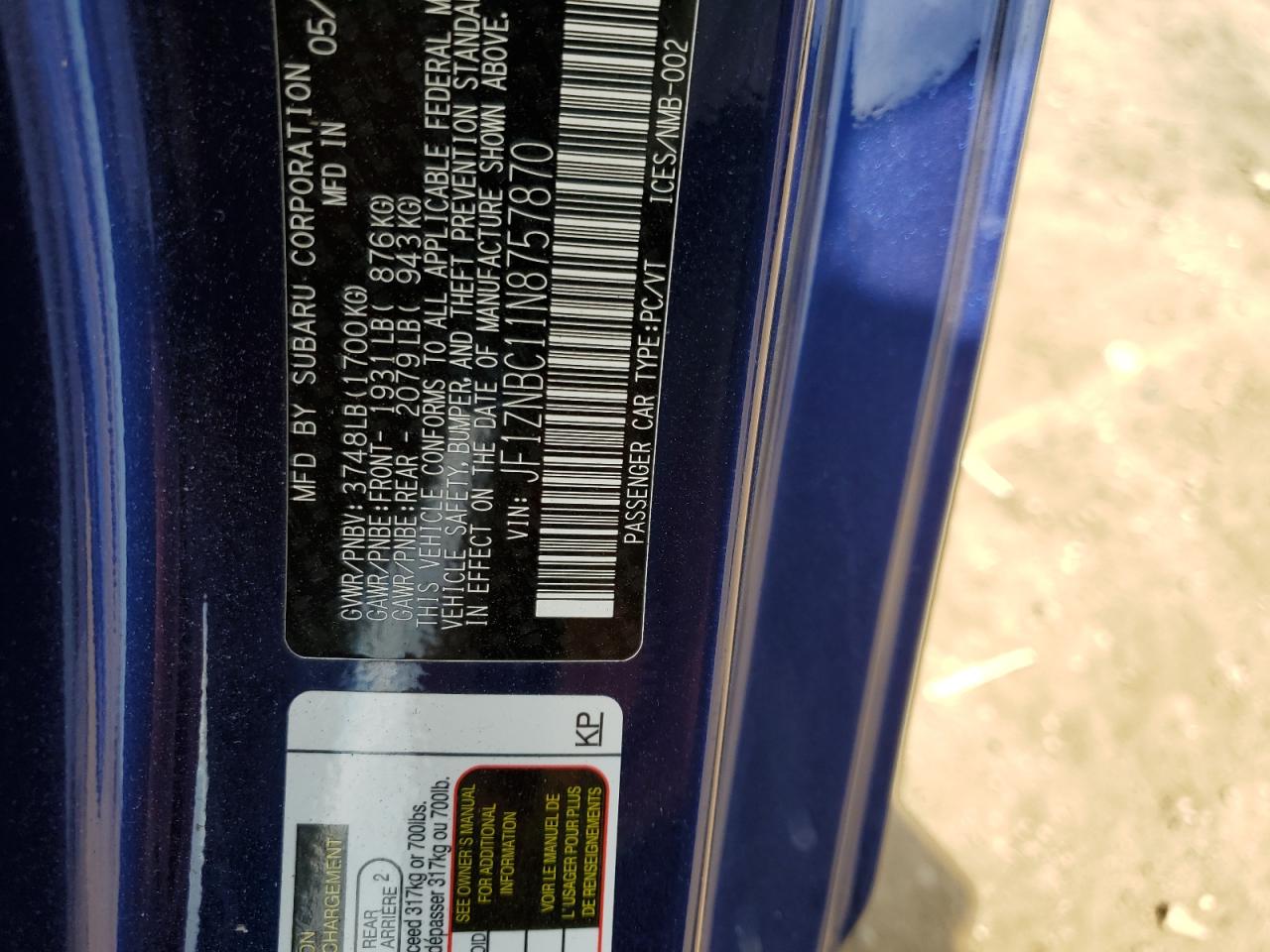 2022 TOYOTA GR 86 VIN:JF1ZNBC11N8757870