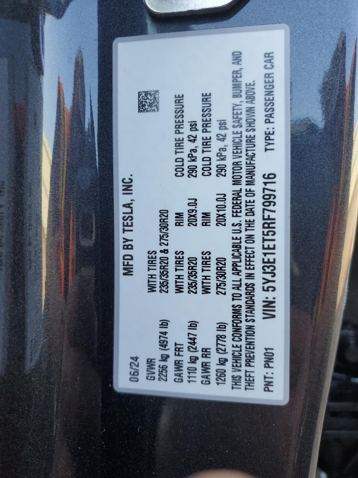 2024 TESLA MODEL 3 VIN:5YJ3E1ET5RF799716