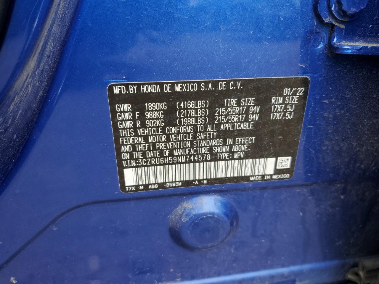2022 HONDA HR-V EX VIN:3CZRU6H59NM744578