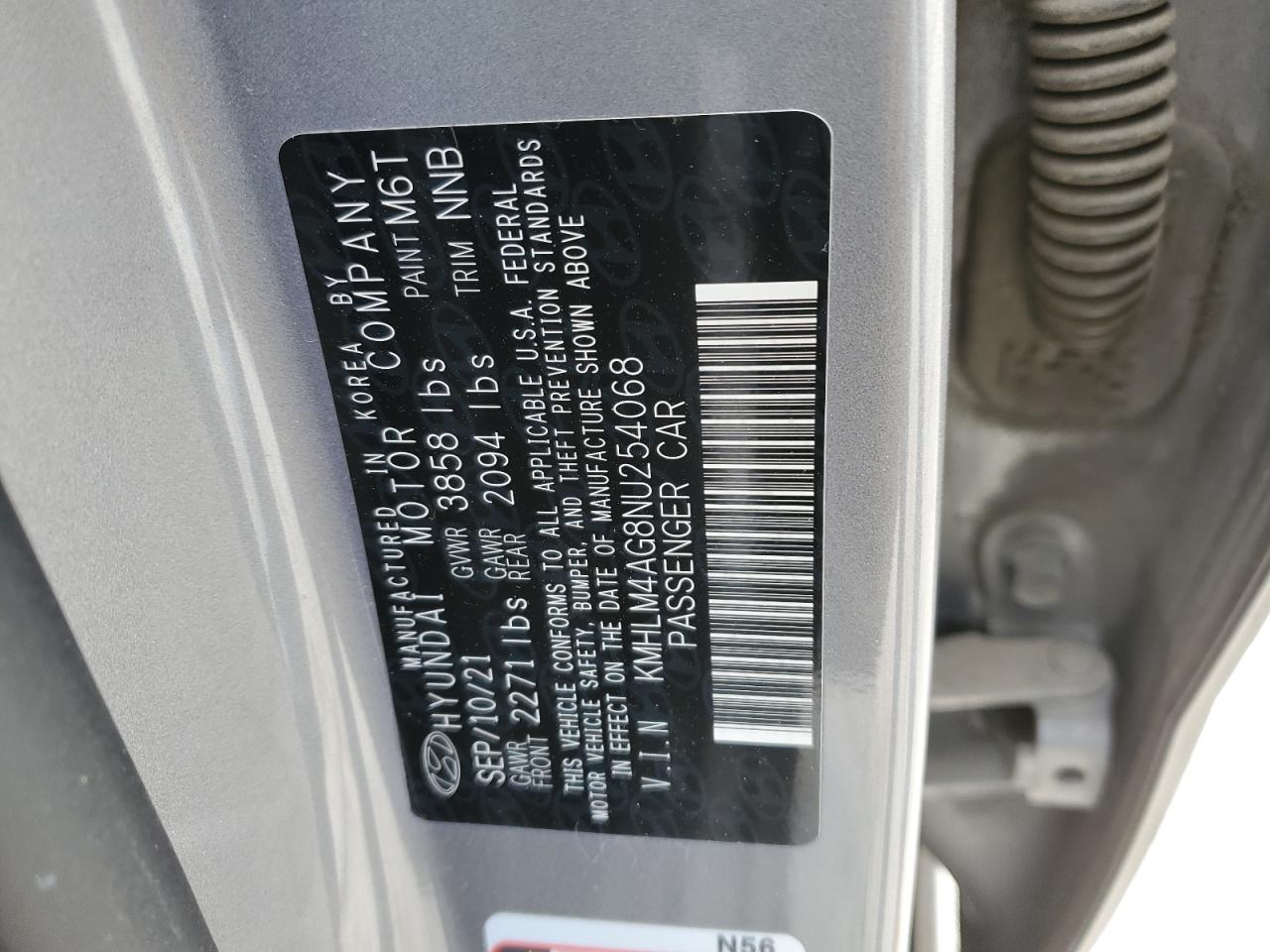 2022 HYUNDAI ELANTRA SEL VIN:KMHLM4AG8NU254068