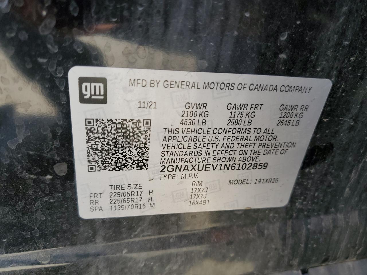 2022 CHEVROLET EQUINOX LT VIN:2GNAXUEV1N6102859