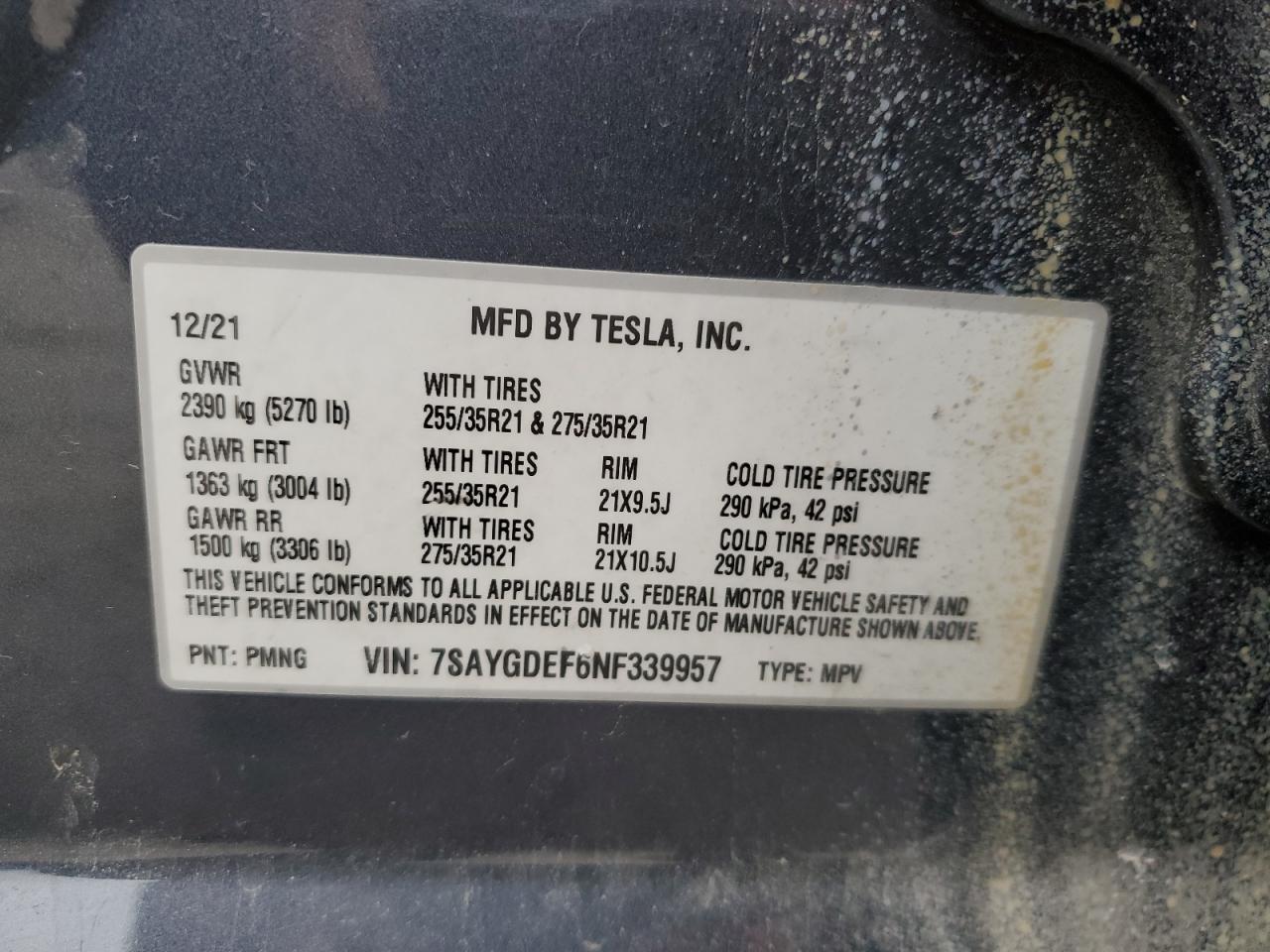 2022 TESLA MODEL Y VIN:7SAYGDEF6NF339957