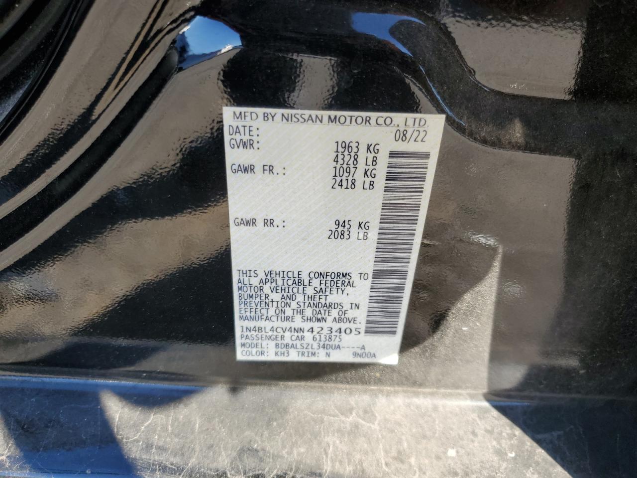 2022 NISSAN ALTIMA SR VIN:1N4BL4CV4NN423405