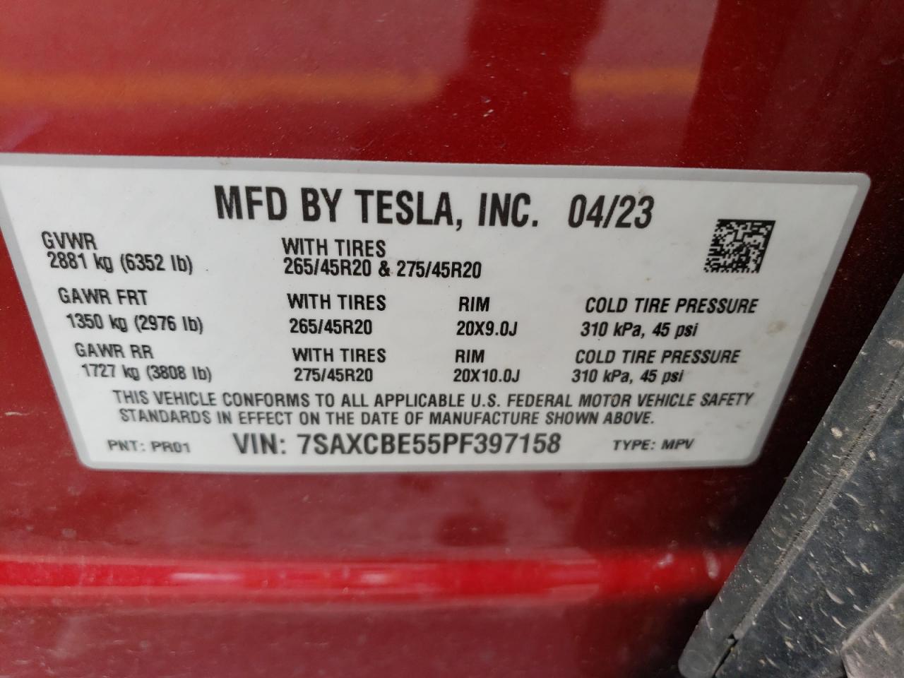 2023 TESLA MODEL X VIN:7SAXCBE55PF397158
