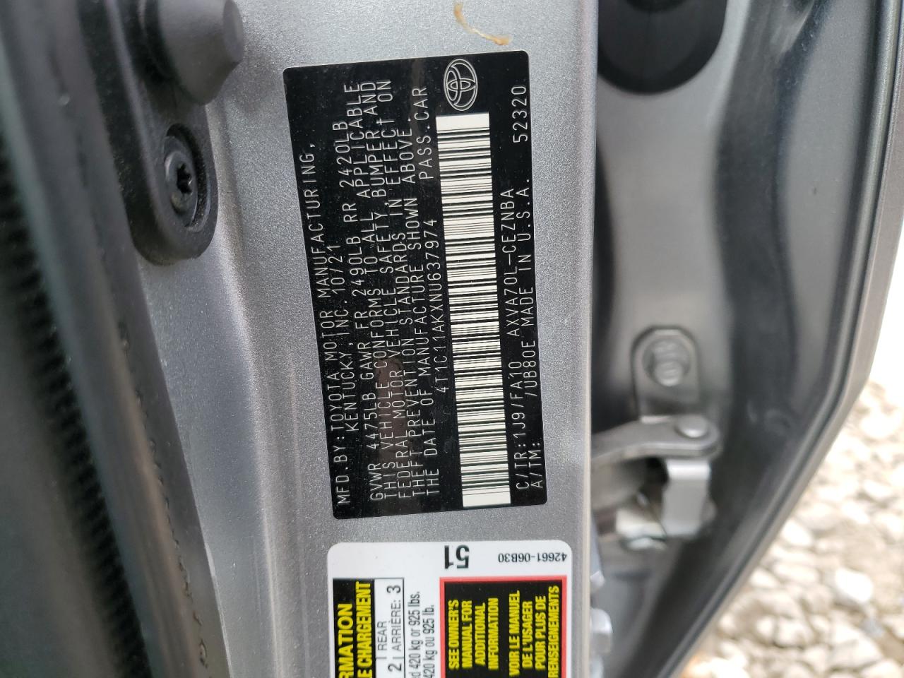 2022 TOYOTA CAMRY LE VIN:4T1C11AKXNU637974