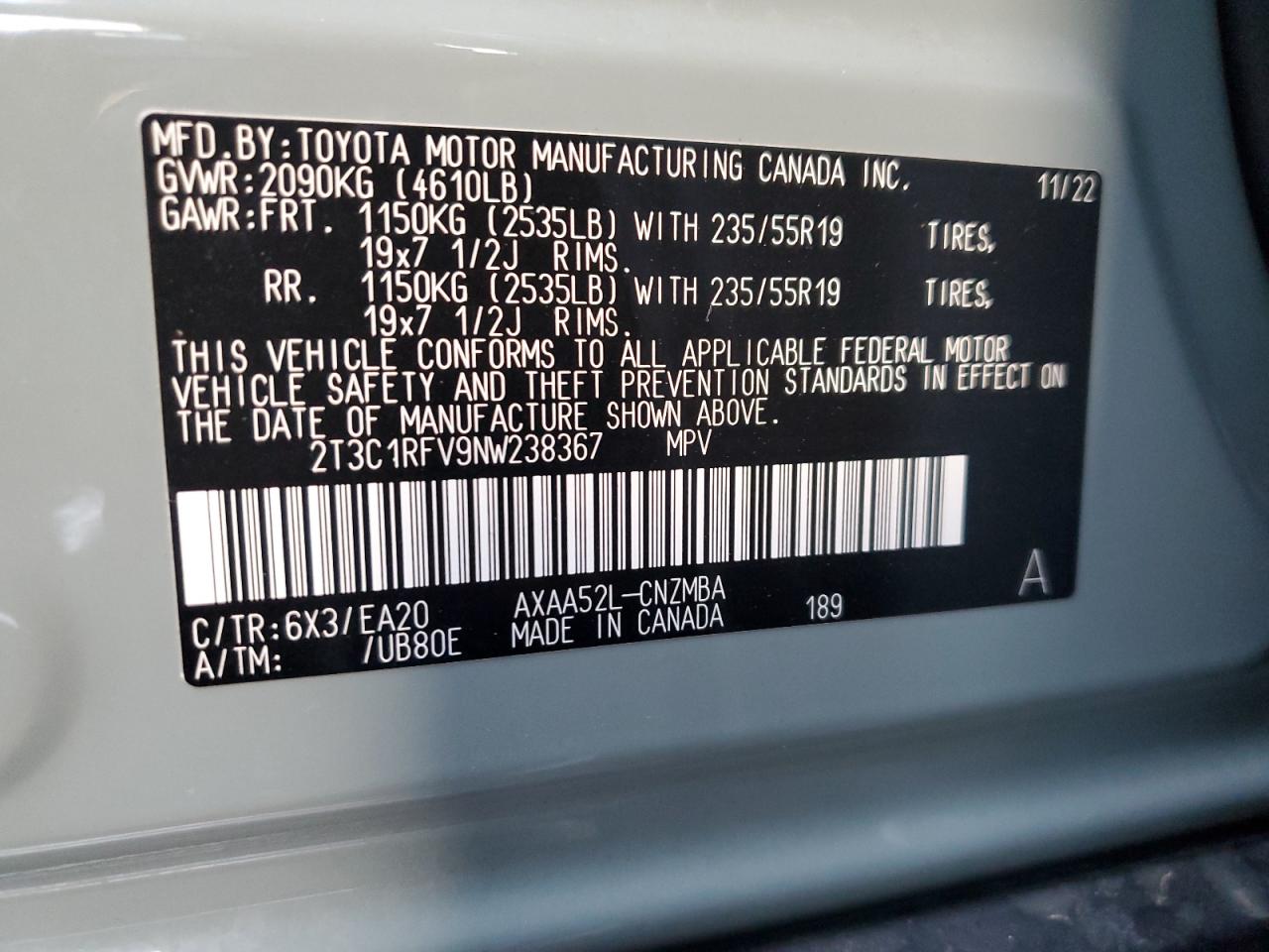 2022 TOYOTA RAV4 XLE PREMIUM VIN:2T3C1RFV9NW238367