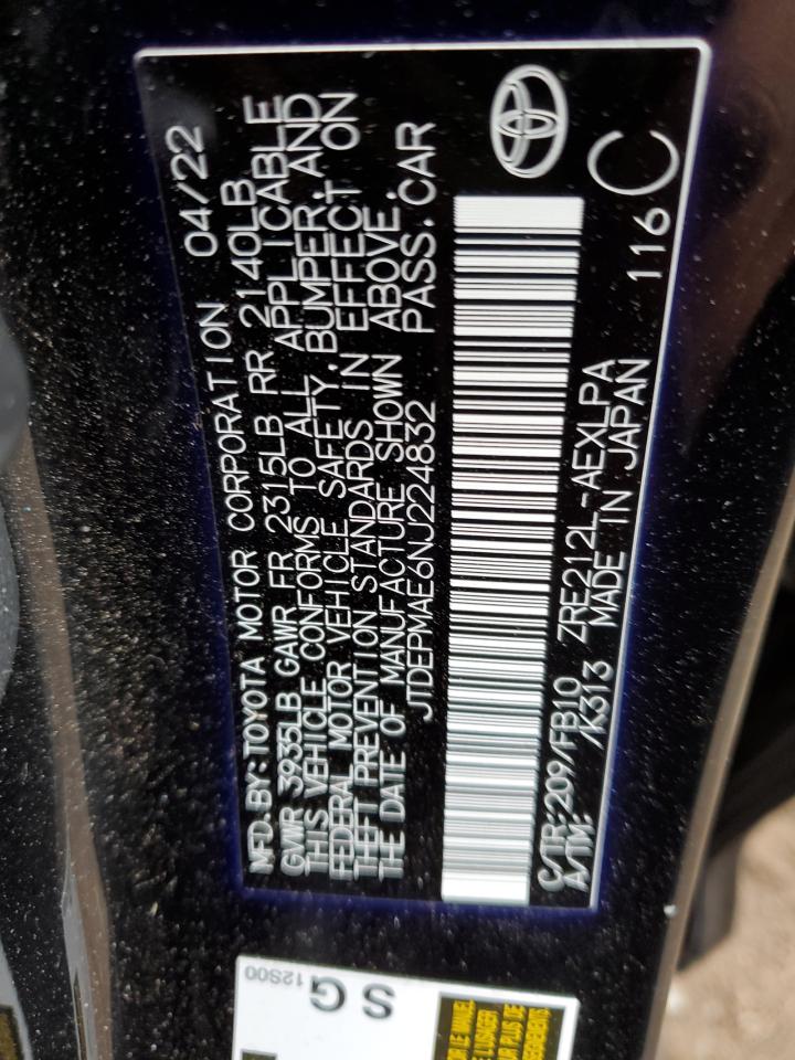 2022 TOYOTA COROLLA LE VIN:JTDEPMAE6NJ224832