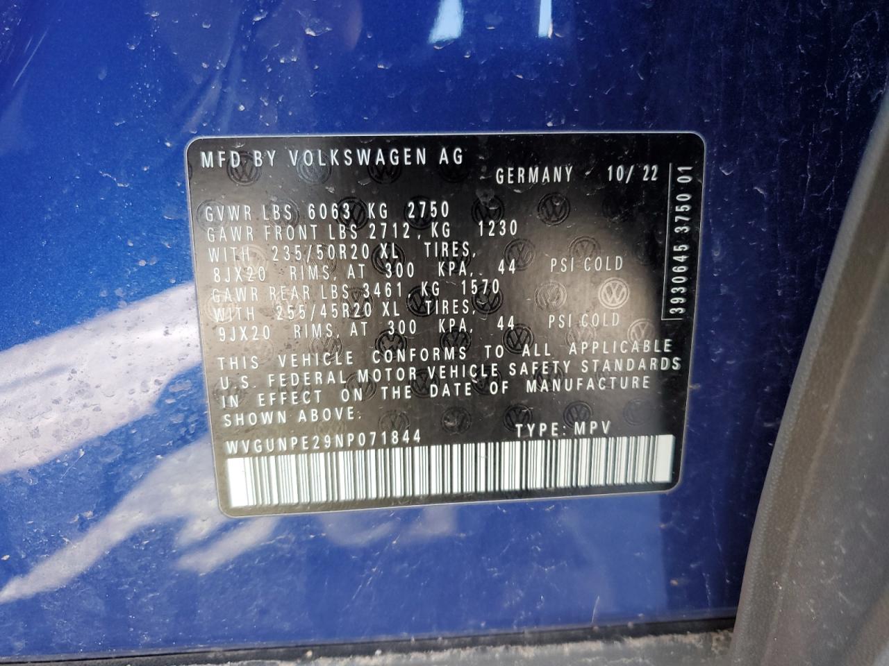 2022 VOLKSWAGEN ID.4 PRO S VIN:WVGUNPE29NP071844