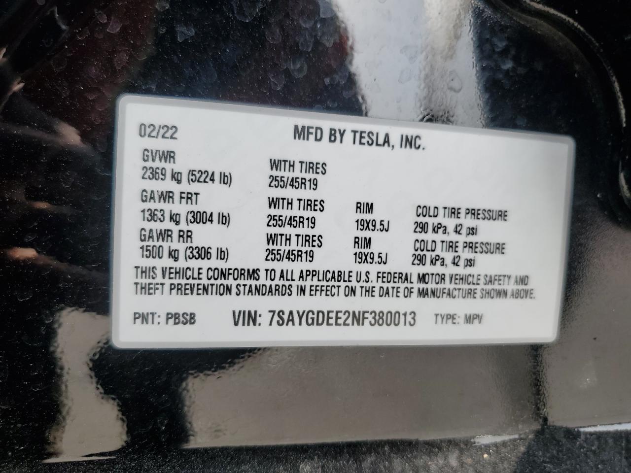 2022 TESLA MODEL Y VIN:7SAYGDEE2NF380013